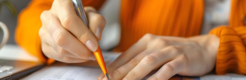 Una persona con una chaqueta naranja y un bolígrafo parcialmente naranja examinando unos documentos